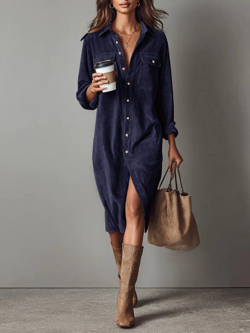 Women's Corduroy Button-Down Midi Shirt Dress - Navy Blue