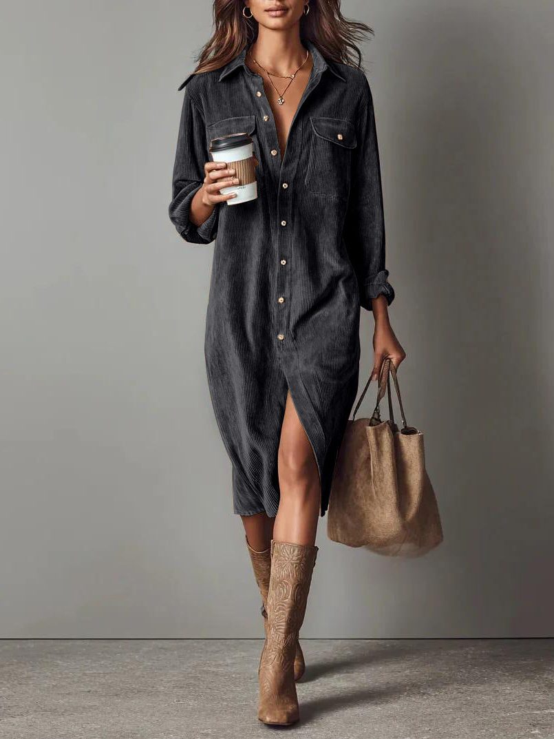 Women's Corduroy Button-Down Midi Shirt Dress - Dark Gray