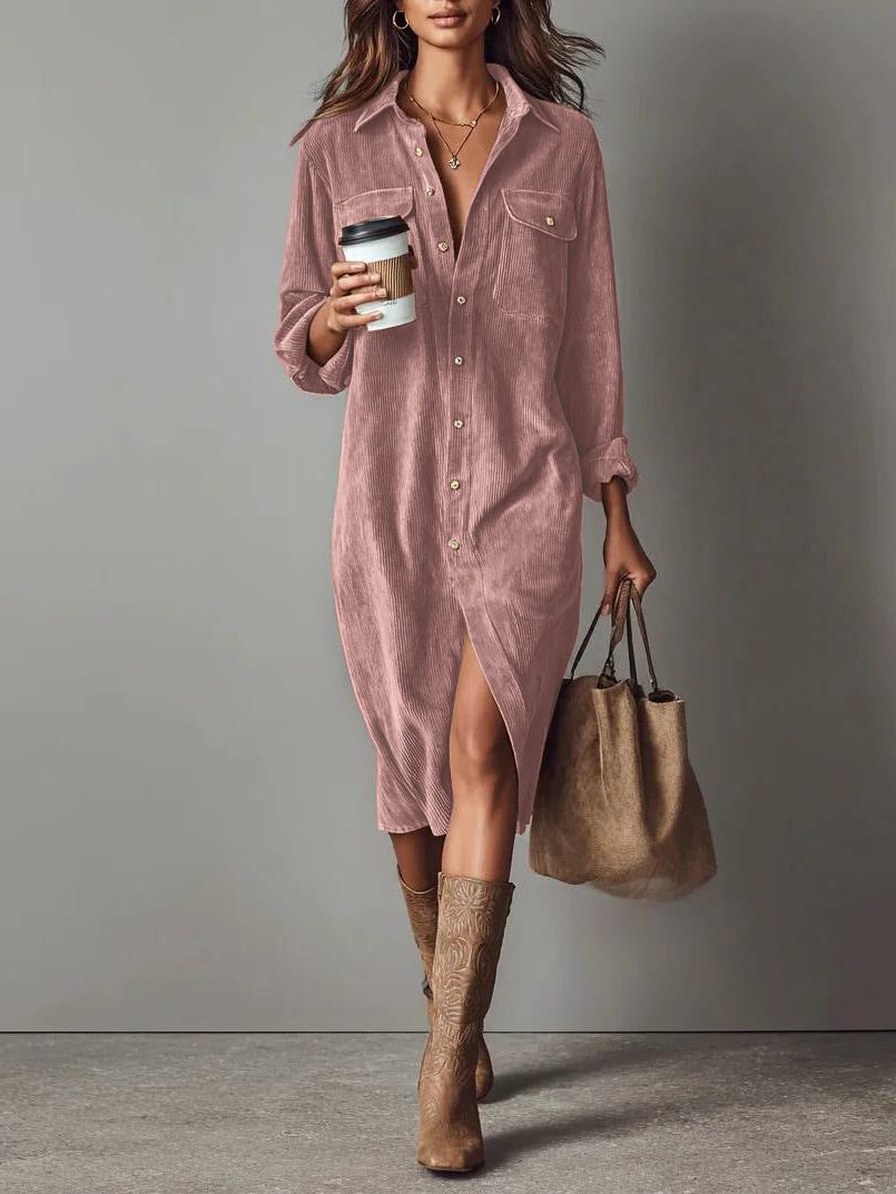 Women's Corduroy Button-Down Midi Shirt Dress - Rose
