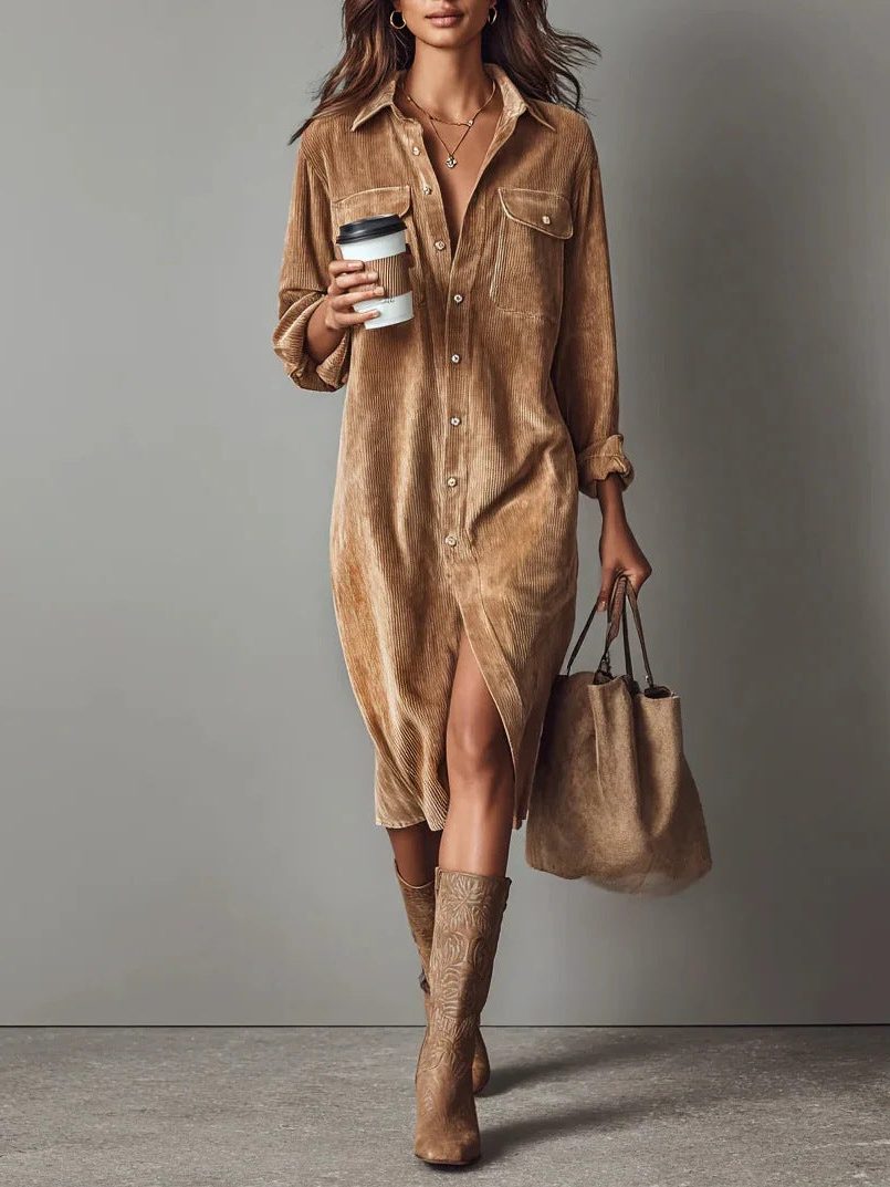 Women's Corduroy Button-Down Midi Shirt Dress - Brown