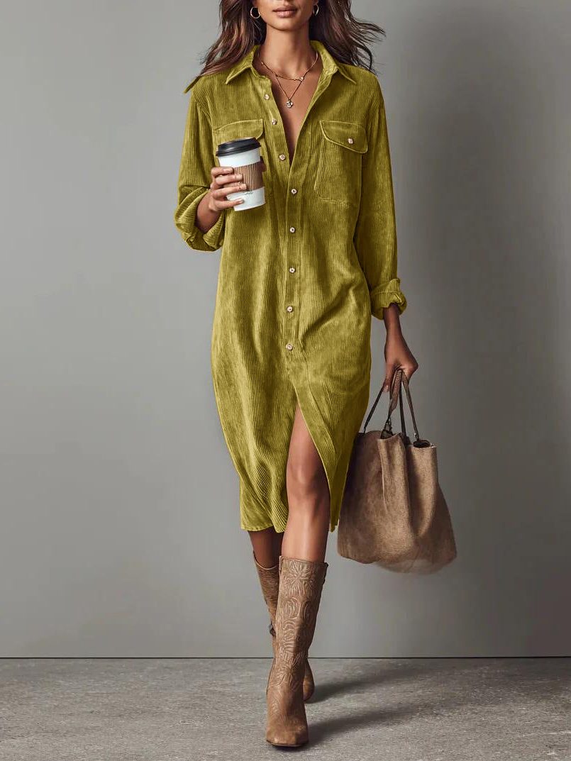 Women's Corduroy Button-Down Midi Shirt Dress - Yellow