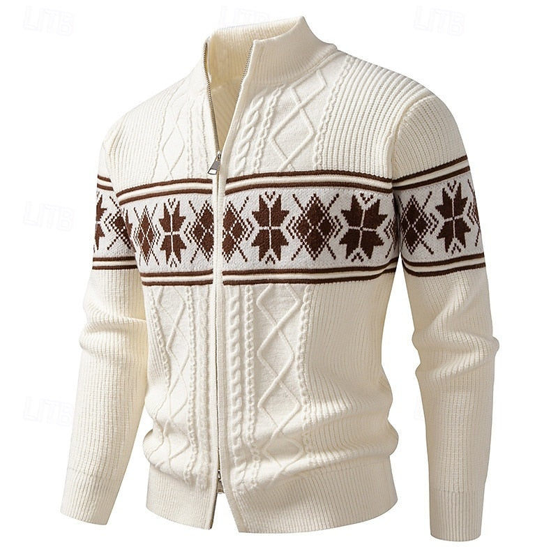Women's Fair Isle Stand Collar Zip-Up Cardigan - White