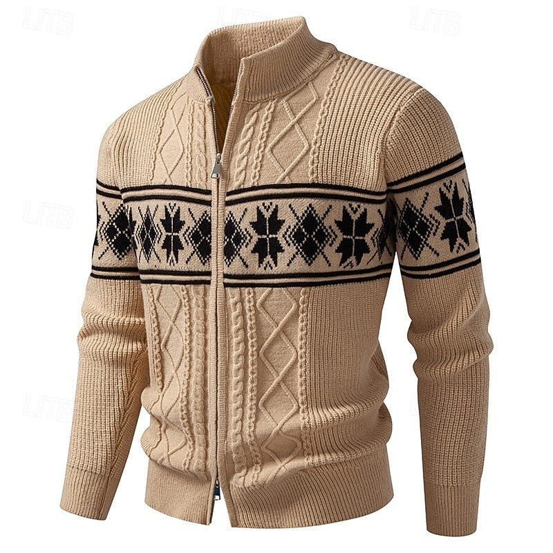 Women's Fair Isle Stand Collar Zip-Up Cardigan - Khaki