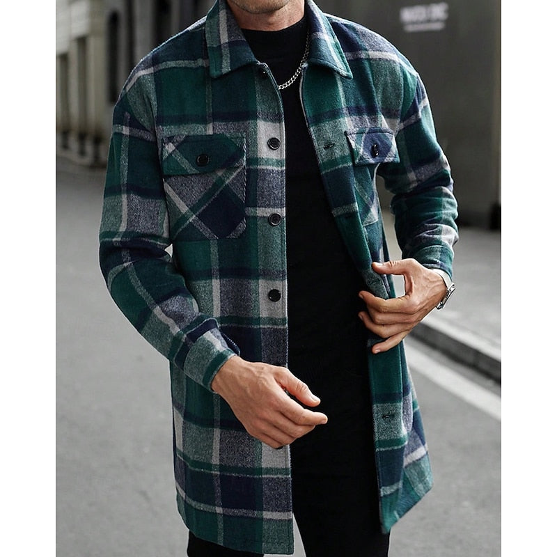 Women's Checked Overshirt Shirt Jacket with Chest Pockets - Army Green