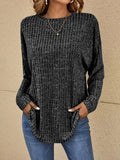 Women's Ribbed Knit Oversized Side Pocket Crew Sweater - Black
