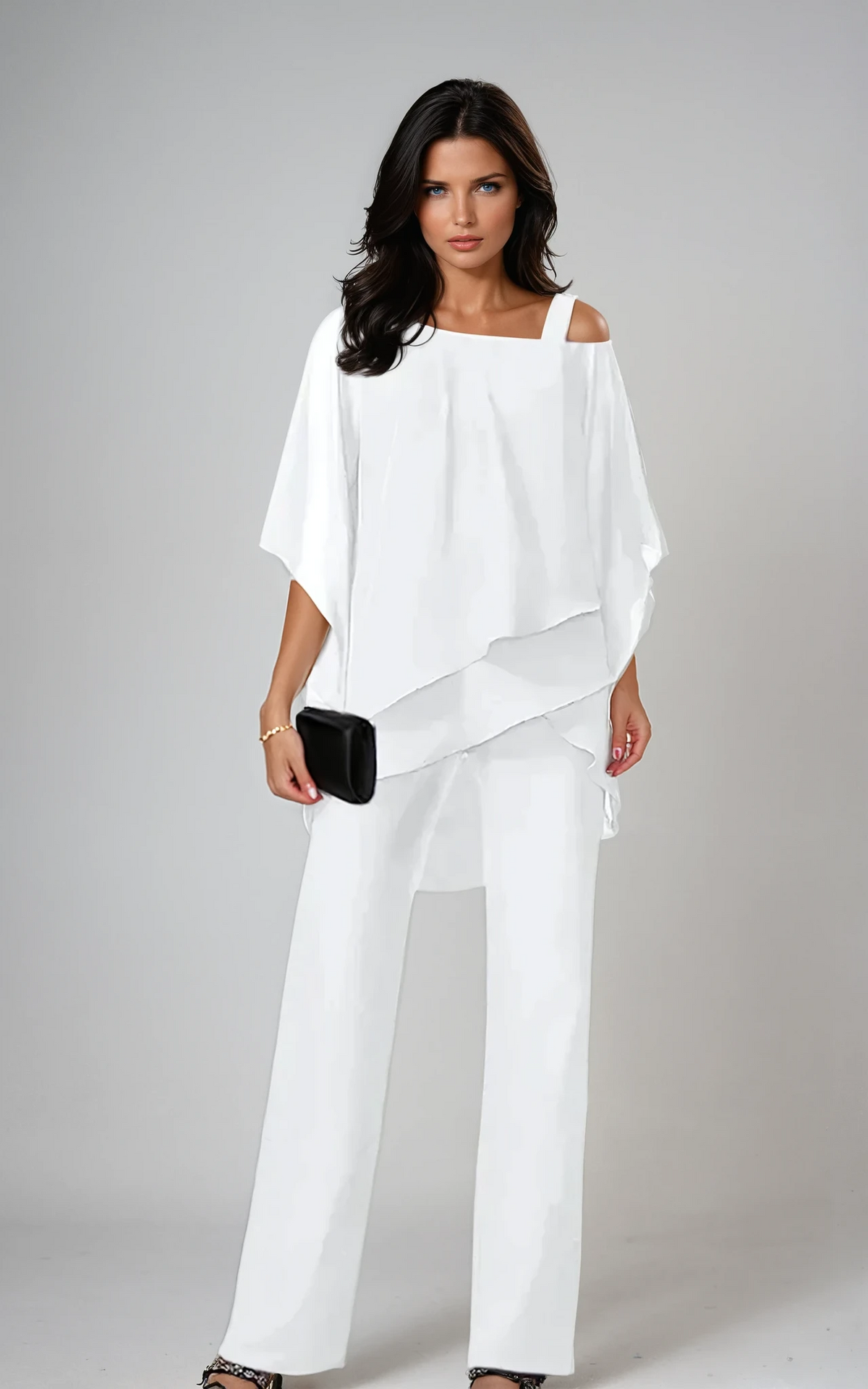 Women's Tiered Layered Top and Wide-Leg Pants Set - White