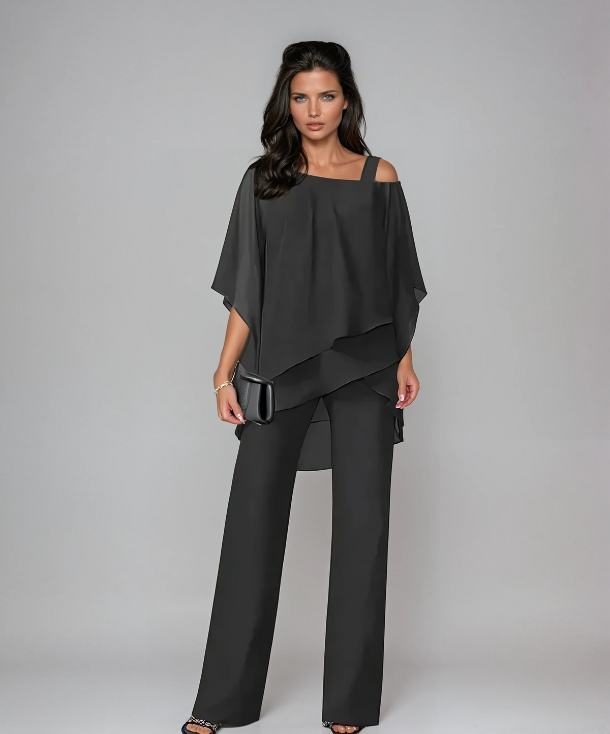 Women's Tiered Layered Top and Wide-Leg Pants Set - Black