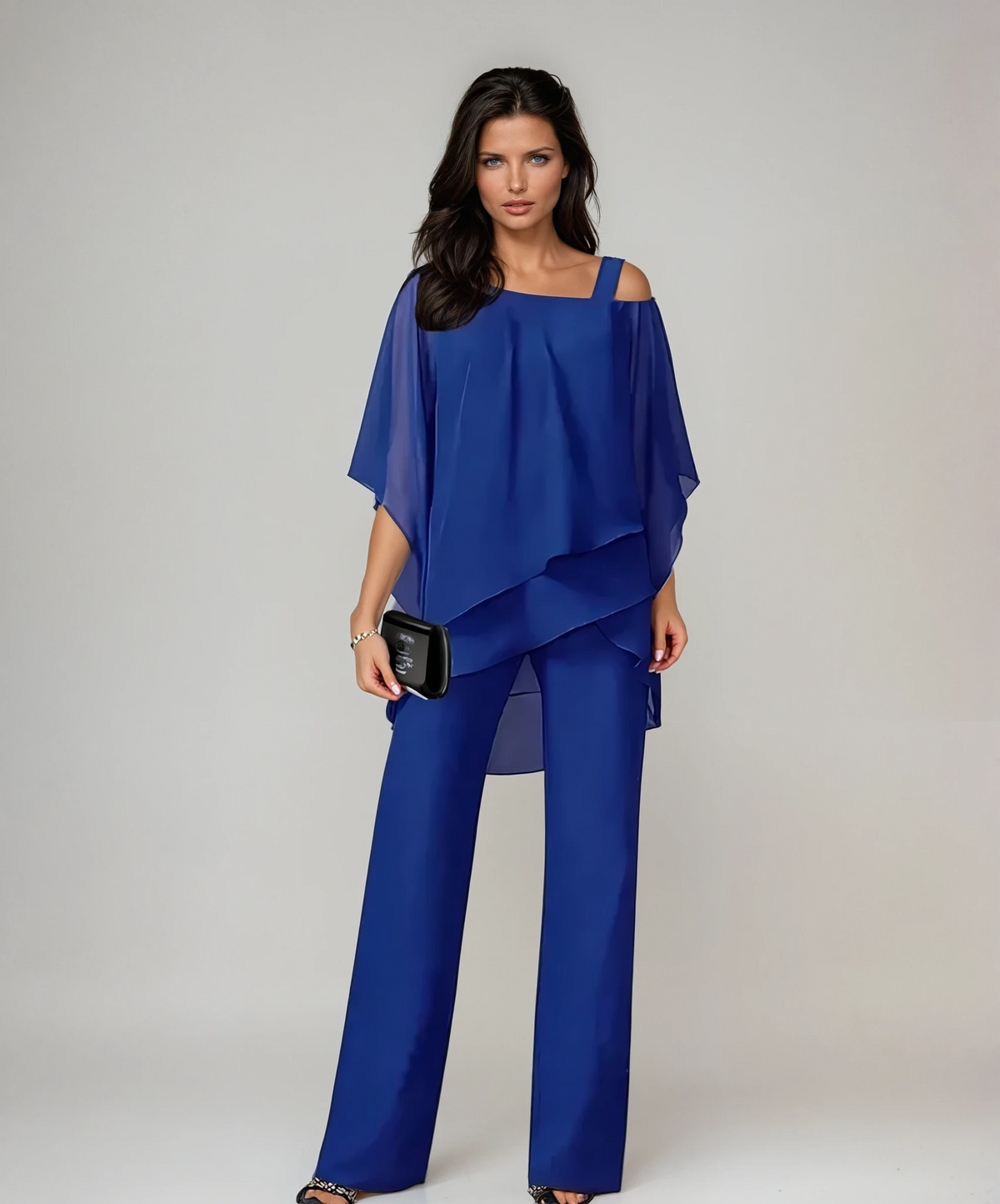 Women's Tiered Layered Top and Wide-Leg Pants Set - Blue