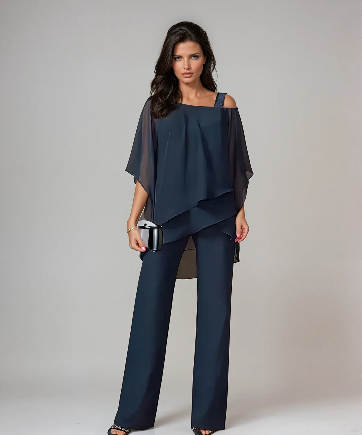 Women's Tiered Layered Top and Wide-Leg Pants Set - Navy Blue