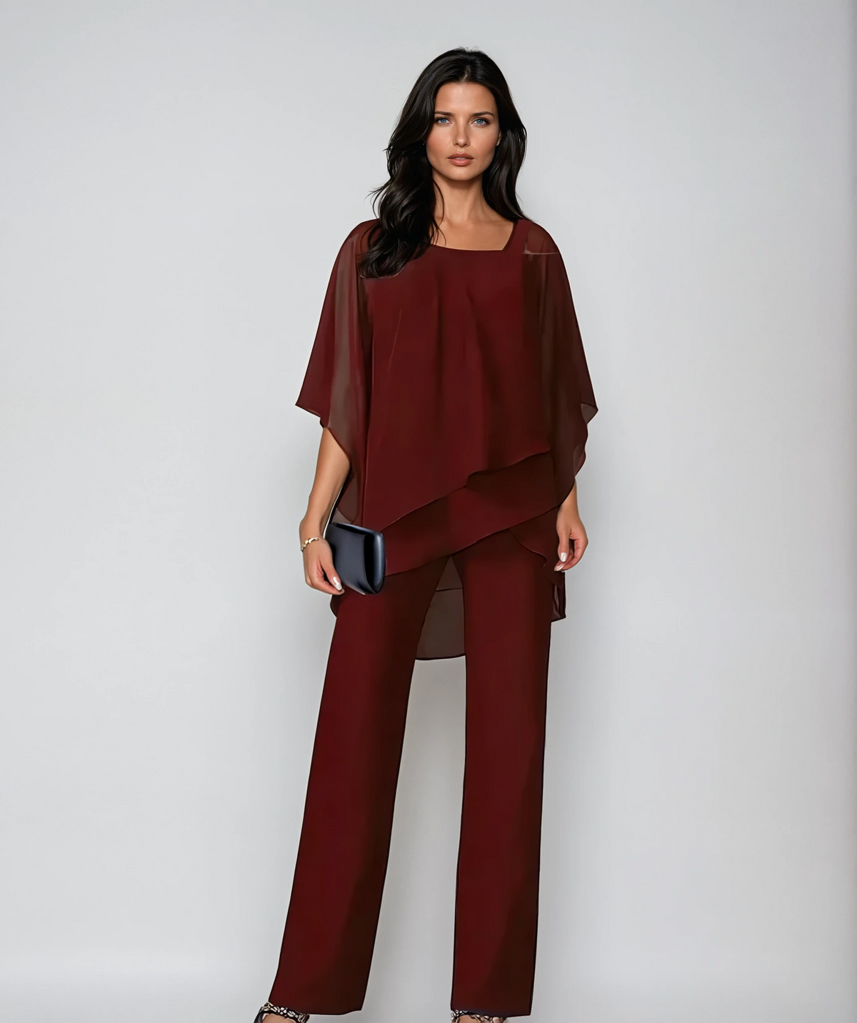 Women's Tiered Layered Top and Wide-Leg Pants Set - Red