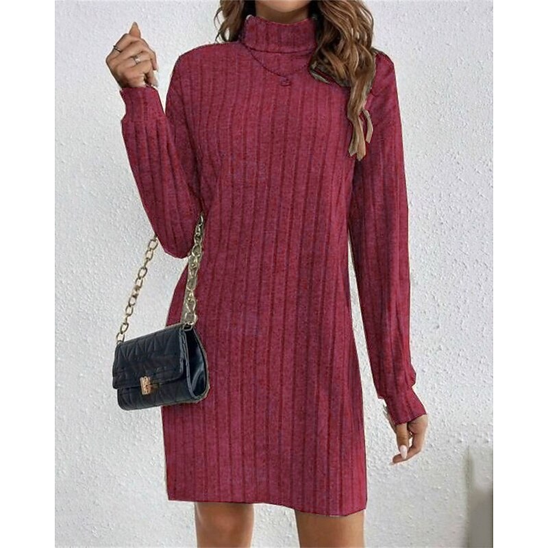 Women's Ribbed High-Neck Sweater Dress - Wine