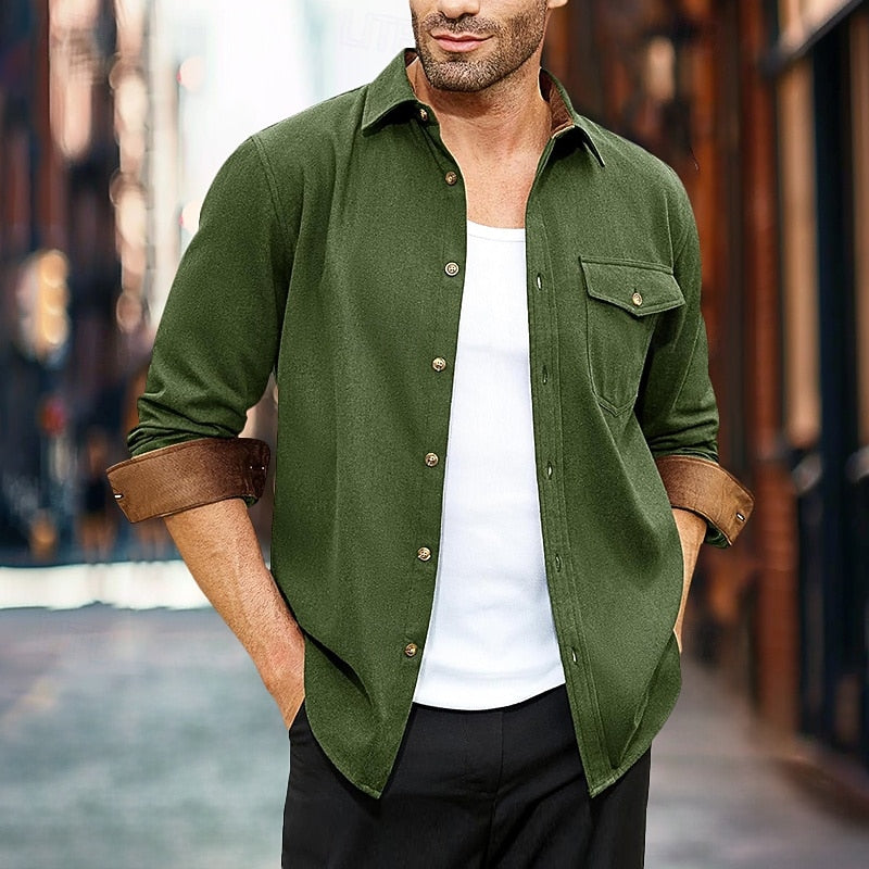 Men's Rugged Button-Front Overshirt with Chest Pocket - Green