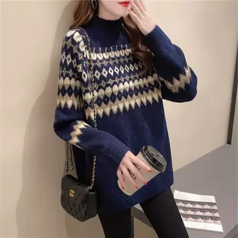 Women's Fair Isle Turtleneck Sweater with Solid Sleeves