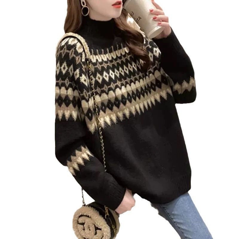 Women's Fair Isle Turtleneck Sweater with Solid Sleeves