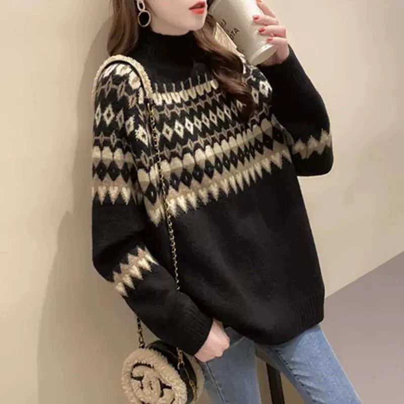 Women's Fair Isle Turtleneck Sweater with Solid Sleeves - Black