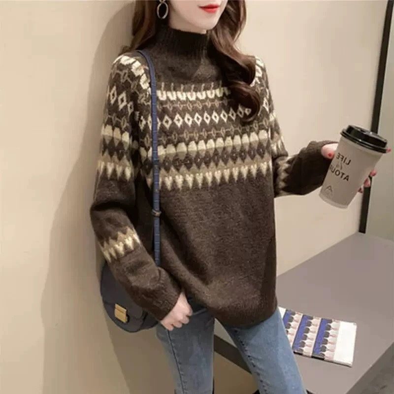 Women's Fair Isle Turtleneck Sweater with Solid Sleeves - Brown