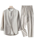 Men's Collarless Linen Shirt and Trousers Set - Beige
