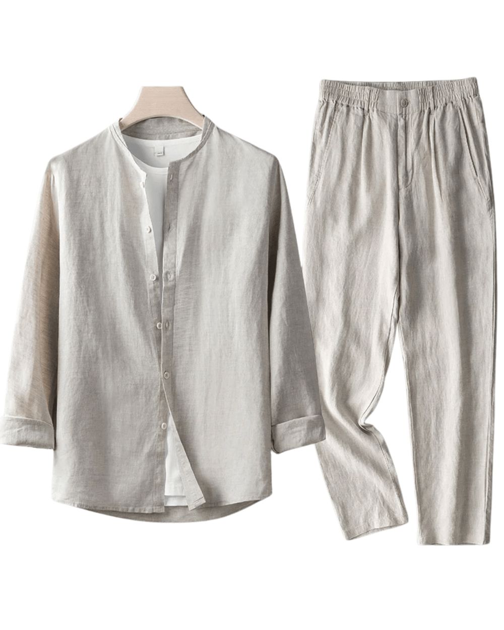 Men's Collarless Linen Shirt and Trousers Set