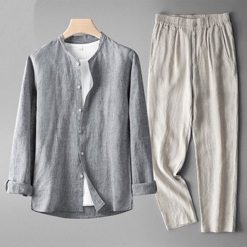 Men's Collarless Linen Shirt and Trousers Set - Gray/Beige