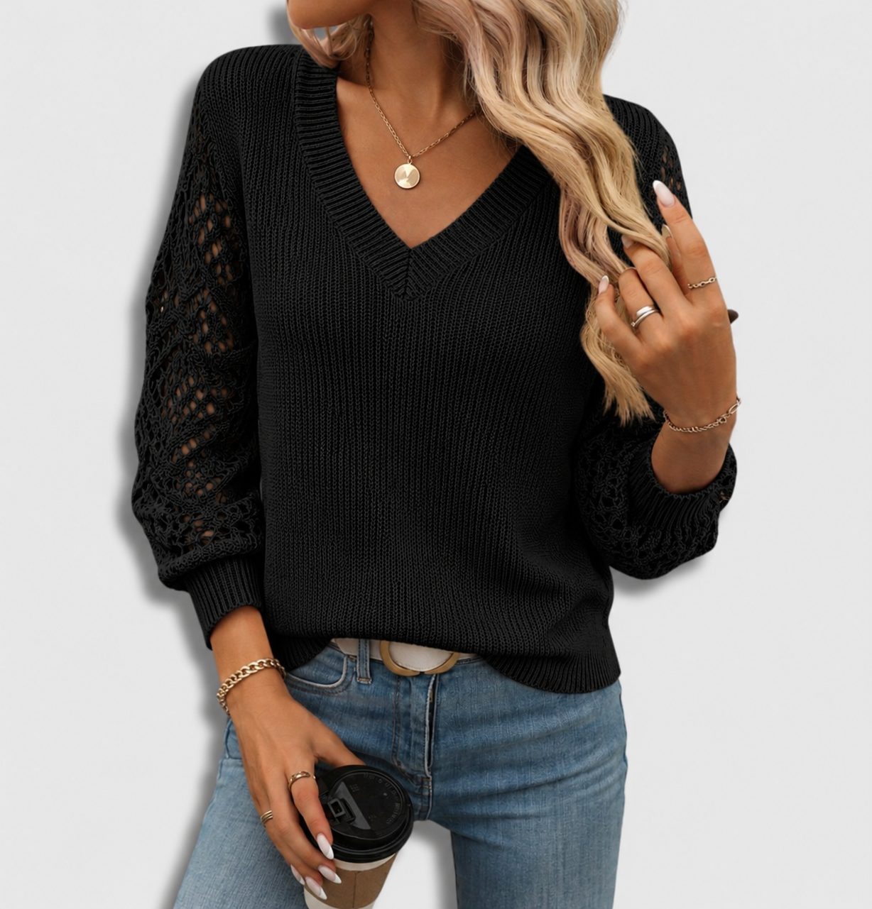 Women's Ribbed Knit V-Neck Sweater