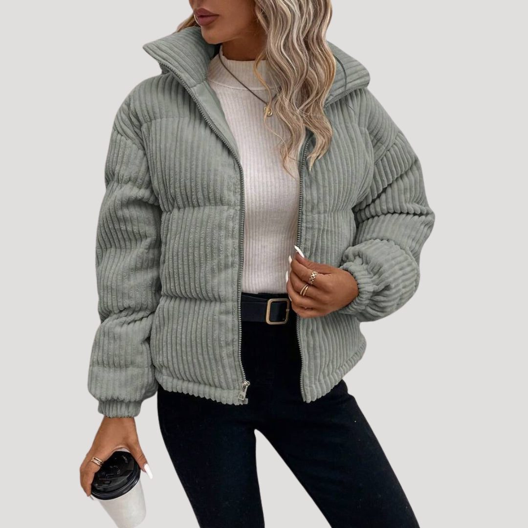 Women's Hooded Quilted Corduroy Bomber Jacket - Gray
