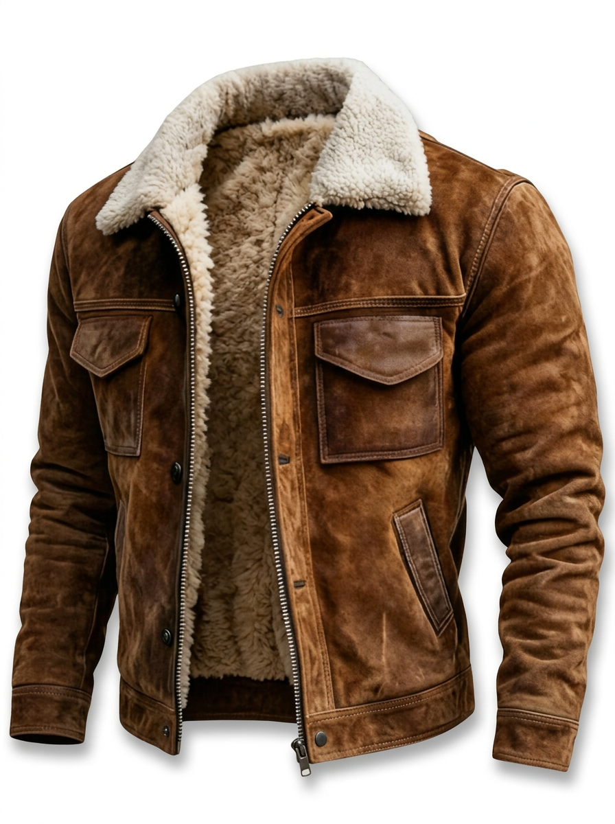 Men's Brown Faux Leather Aviator Jacket with Sherpa Collar