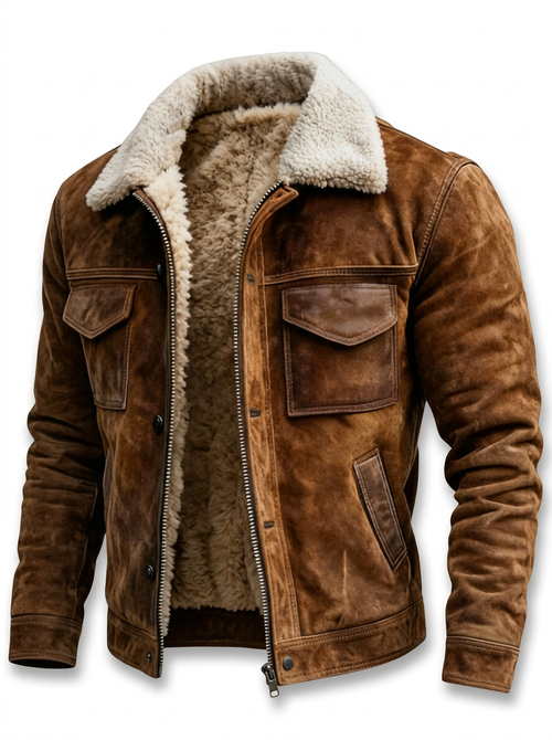 Men's Brown Faux Leather Aviator Jacket with Sherpa Collar
