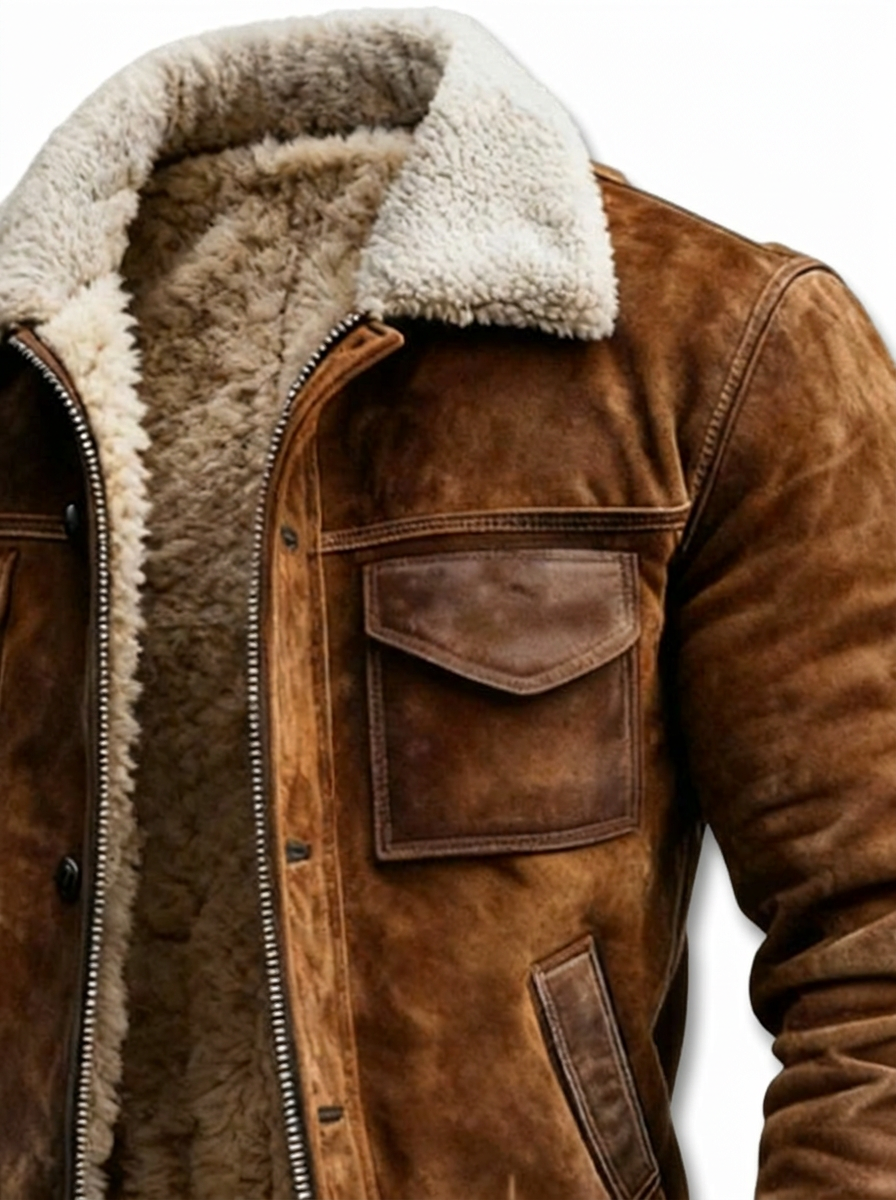 Men's Brown Faux Leather Aviator Jacket with Sherpa Collar