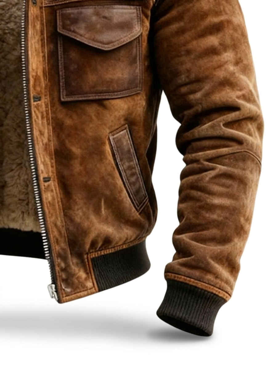 Men's Brown Faux Leather Aviator Jacket with Sherpa Collar