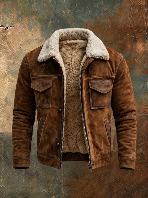 Men's Brown Faux Leather Aviator Jacket with Sherpa Collar - Brown