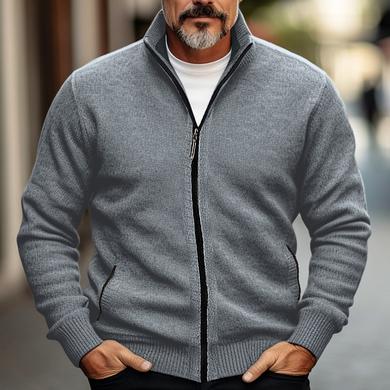 Men's Stand-Collar Full-Zip Knit Cardigan - Gray