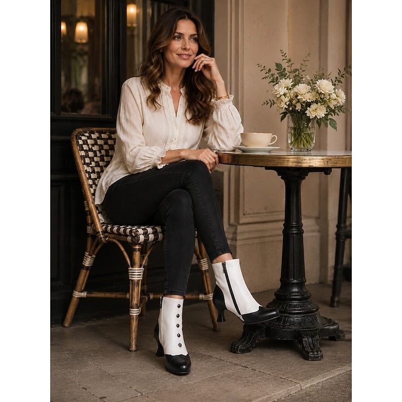 Women's Vintage Two-Tone Button Detail Ankle Boots