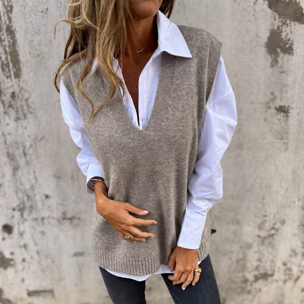 Women's Ribbed Knit Oversized Vest with V-Neck - Gray