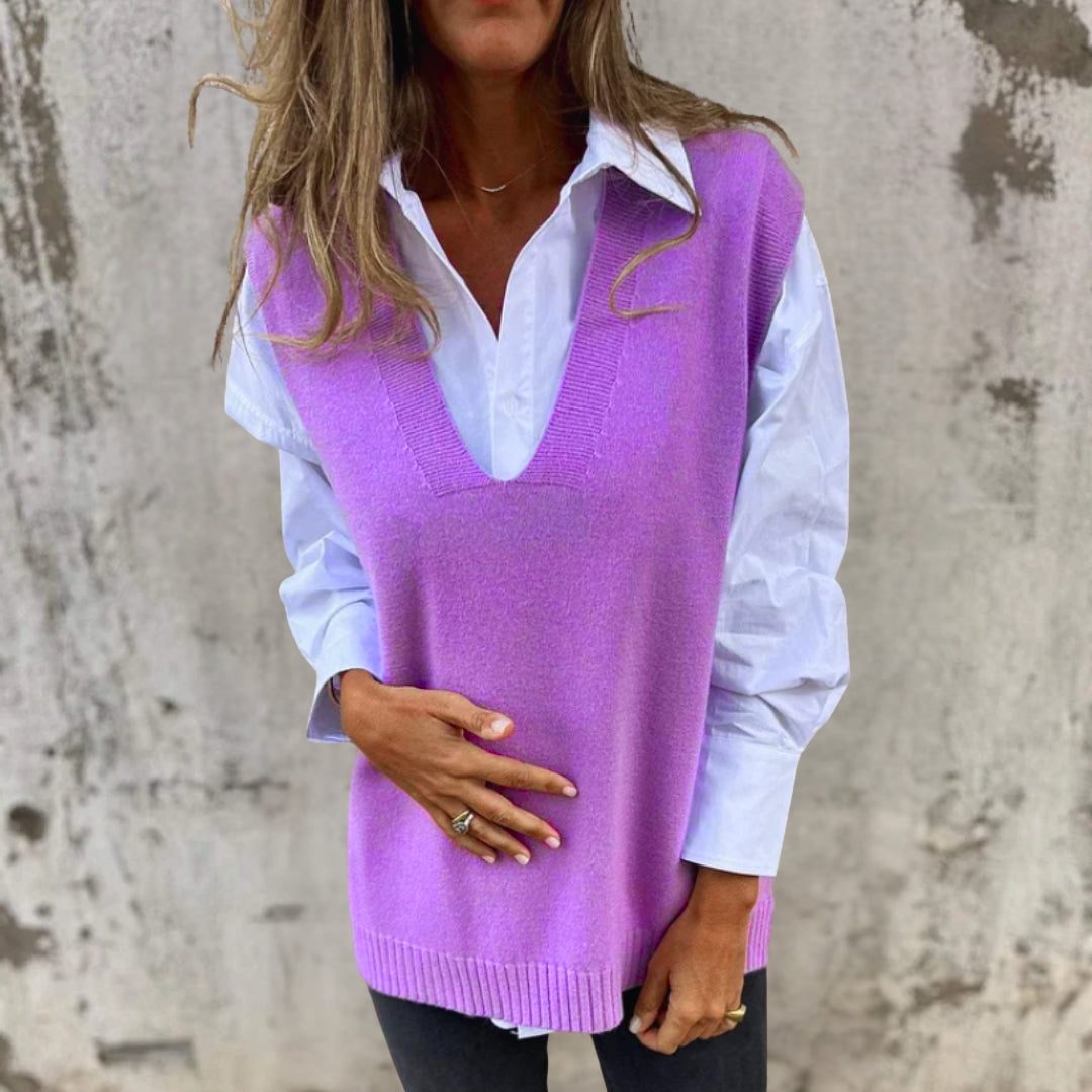 Women's Ribbed Knit Oversized Vest with V-Neck - Purple