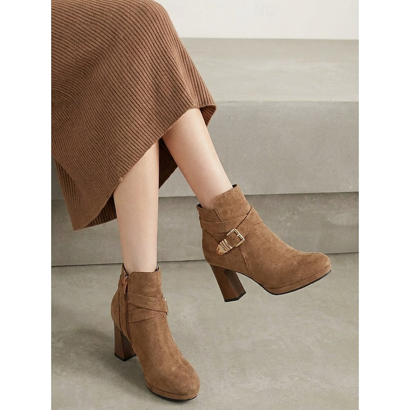 Women's Buckle-Strap Platform Ankle Boots - Light Brown