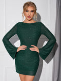 Women's Backless Long Sleeve Sequin Mini Dress - Dark Green