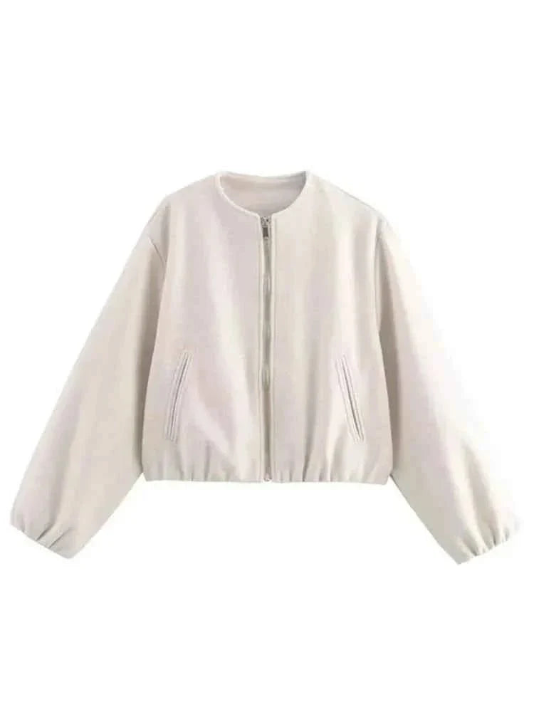 Women's Cropped Balloon-Sleeve Bomber Jacket - Olive Green