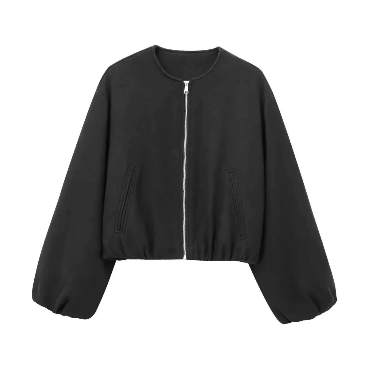 Women's Cropped Balloon-Sleeve Bomber Jacket - Light Gray