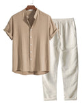 Men's Short Sleeve Linen Set - Khaki/Off-White