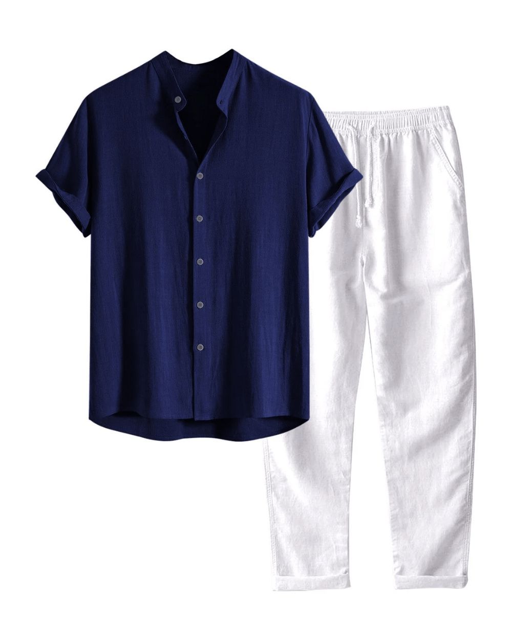 Men's Short Sleeve Linen Set - Navy Blue/White