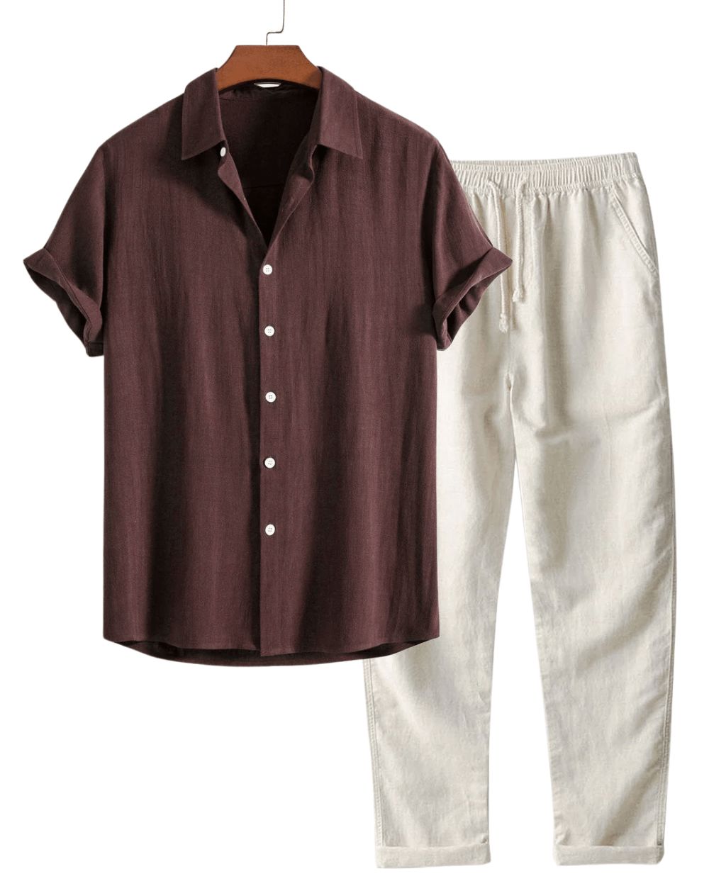 Men's Short Sleeve Linen Set - Dark Brown/Off-White