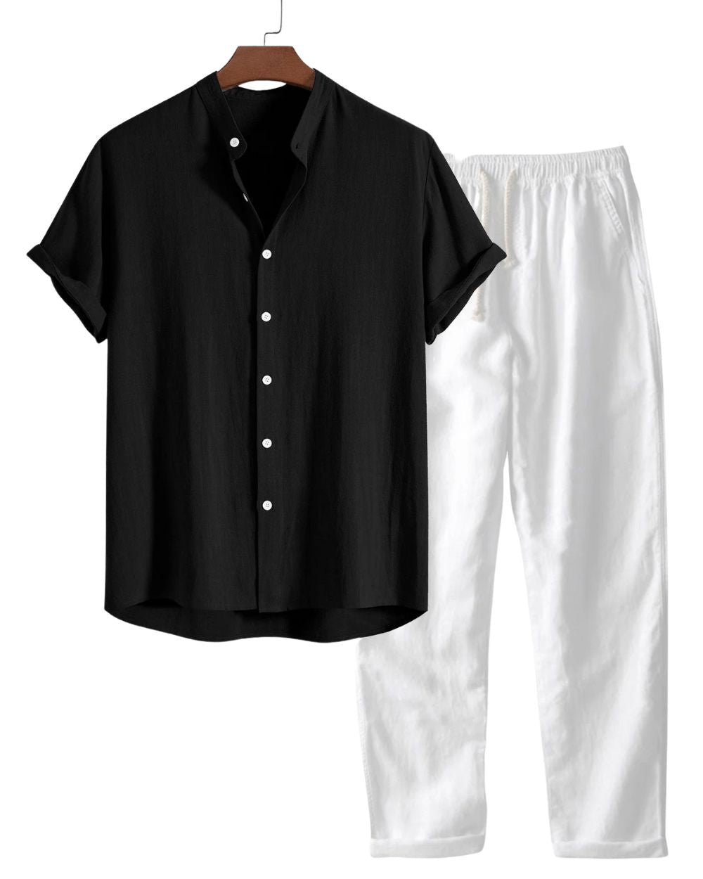 Men's Short Sleeve Linen Set - Black/White