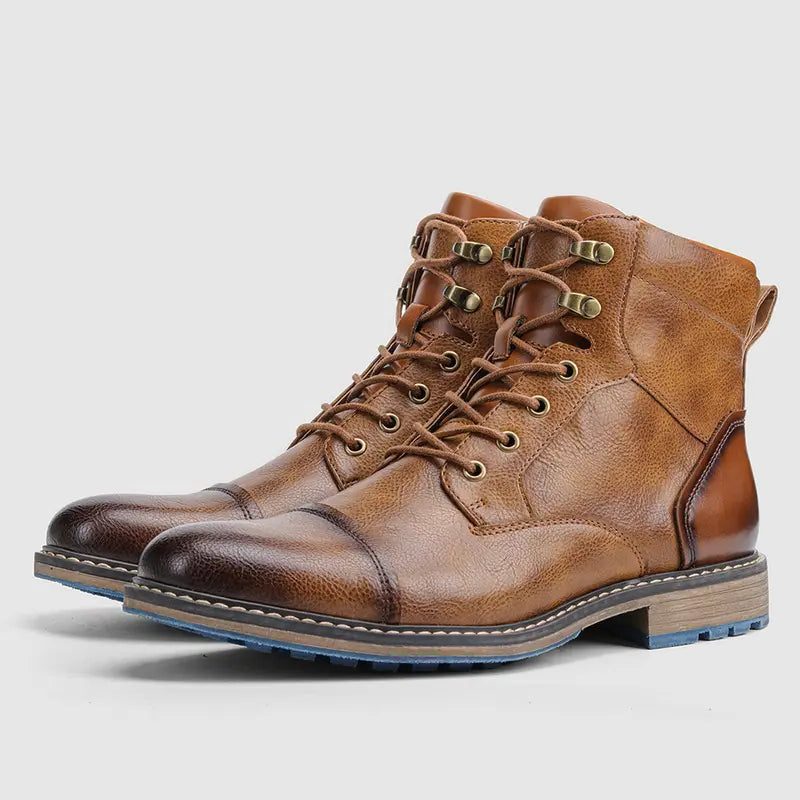 Men's Leather Cap-Toe Lace-Up Ankle Boots with Block Heel - Brown
