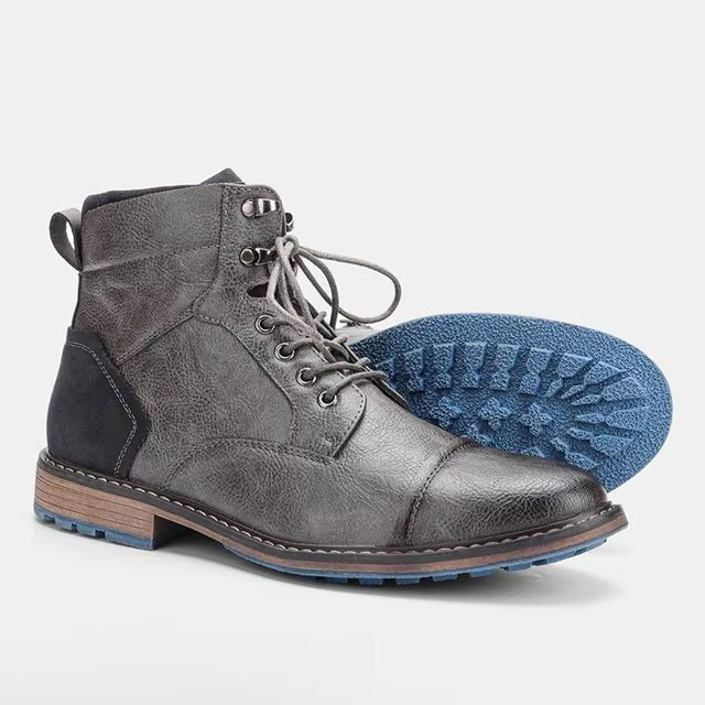 Men's Leather Cap-Toe Lace-Up Ankle Boots with Block Heel