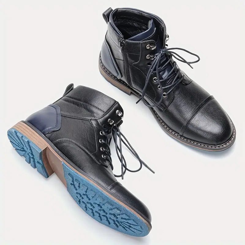 Men's Leather Cap-Toe Lace-Up Ankle Boots with Block Heel