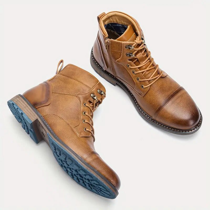 Men's Leather Cap-Toe Lace-Up Ankle Boots with Block Heel