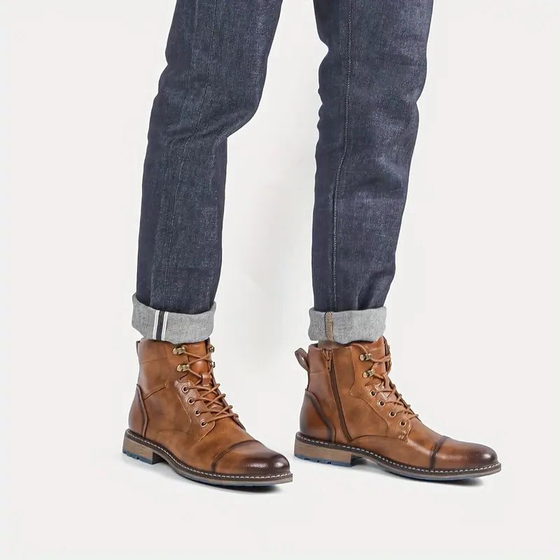 Men's Leather Cap-Toe Lace-Up Ankle Boots with Block Heel