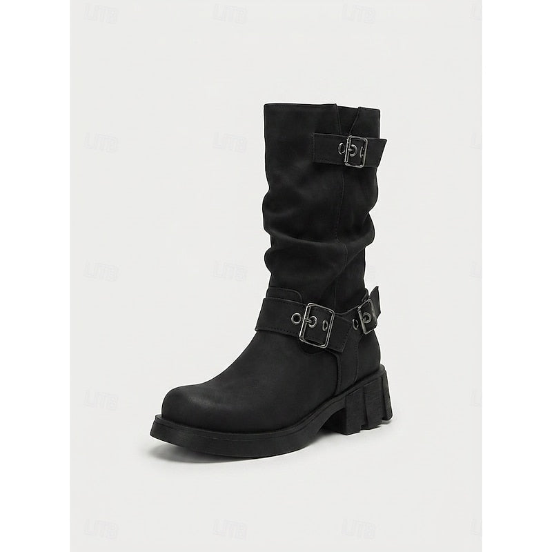 Women's Block Heel Moto Boots with Lug Sole