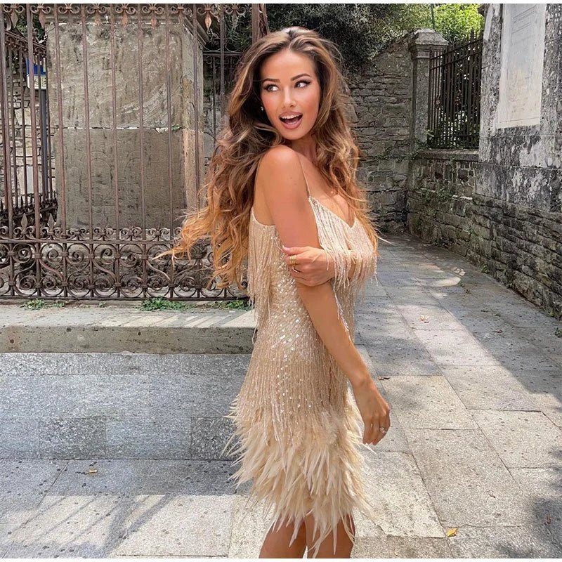 Women's Sequin V-Neck Feather Hem Cocktail Mini Dress
