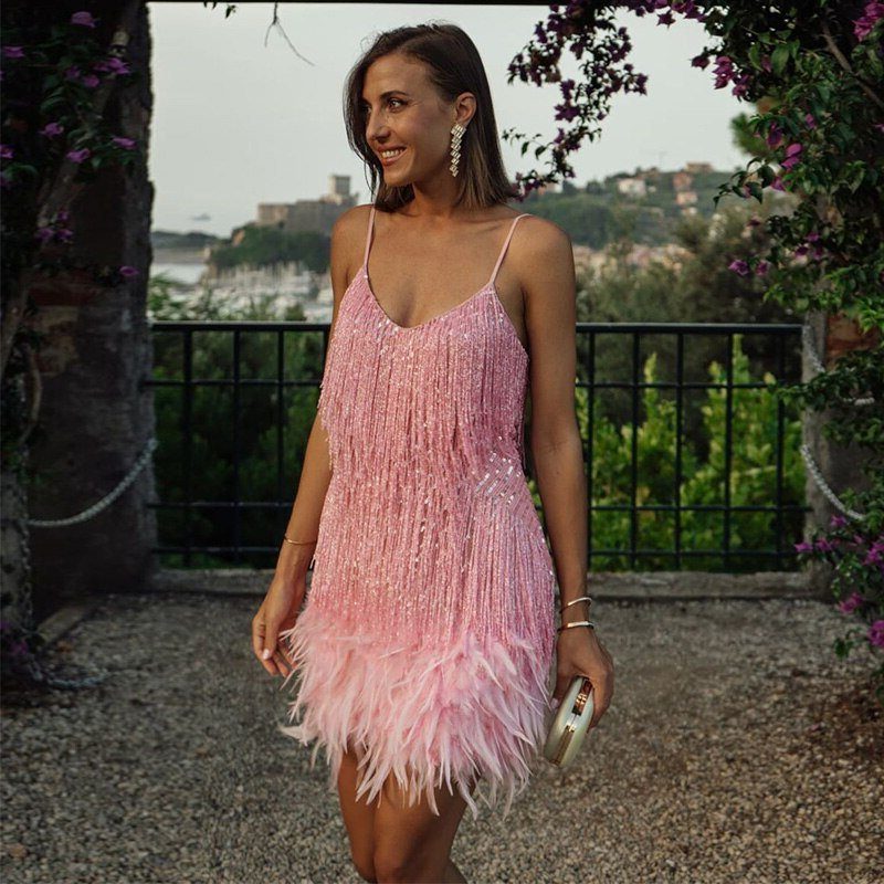 Women's Sequin V-Neck Feather Hem Cocktail Mini Dress